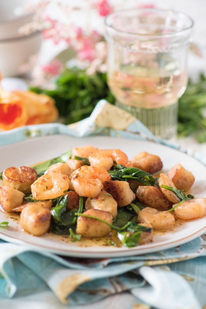 easy gnudi recipe with shrimp scampi and spinach