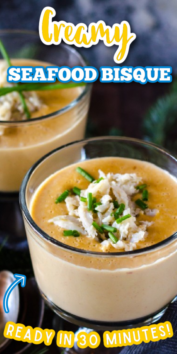 This Easy Seafood Bisque recipe is chock full of crab and shrimp! When you're craving a creamy and comforting soup for dinner, this bisque is the answer! #seafoodbisque #seafoodrecipes #comfortfood #gogogogourmet via @gogogogourmet