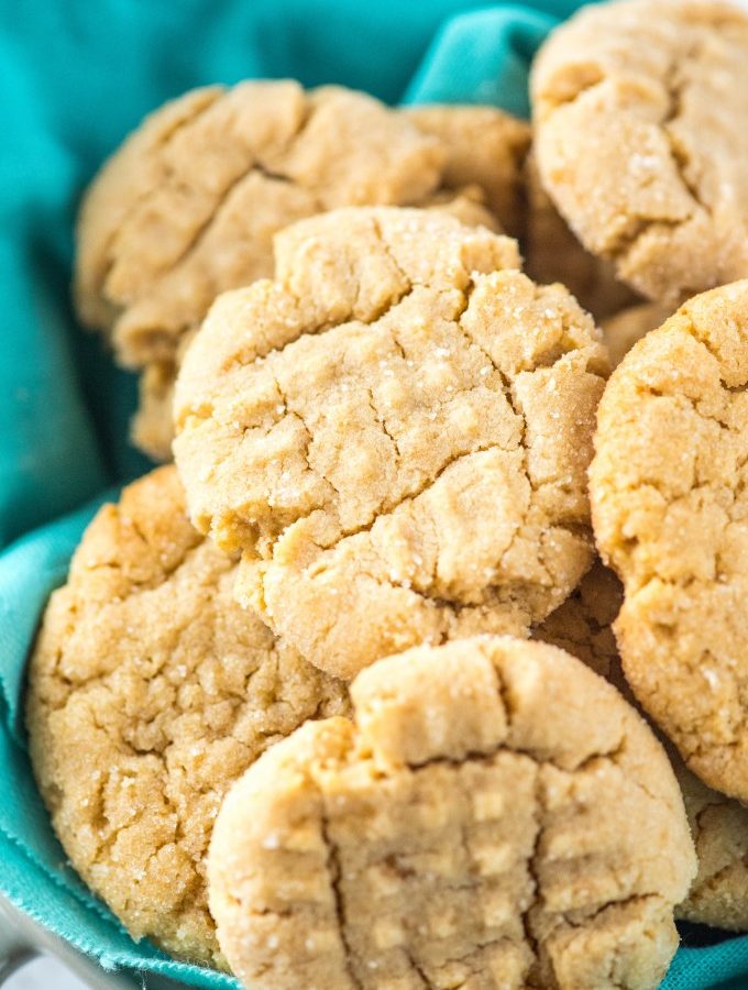 Easy homemade soft peanut butter cookies on blue napkin