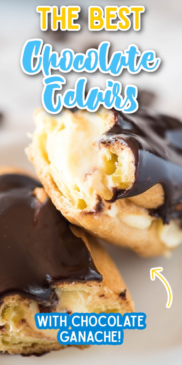 Chocolate eclairs are a favorite bakery treat, and you'll never believe how easy they are to make at home! Simple pate au choux dough is filled with a vanilla custard and topped with a silky chocolate ganache. #gogogogourmet #chocolateeclairs #homemadeeclairs via @gogogogourmet