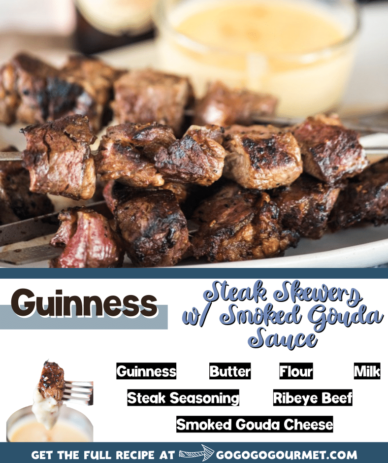These Guinness Steak Skewers with Smoked Gouda Dipping Sauce are a fun and easy dinner that everyone is sure to love. Perfect for a traditional St. Patrick's day party - or any day! #stpatricksday #stpatricksdayfood #guinnesssteakskewers #guinnessrecipes #gogogogourmet via @gogogogourmet