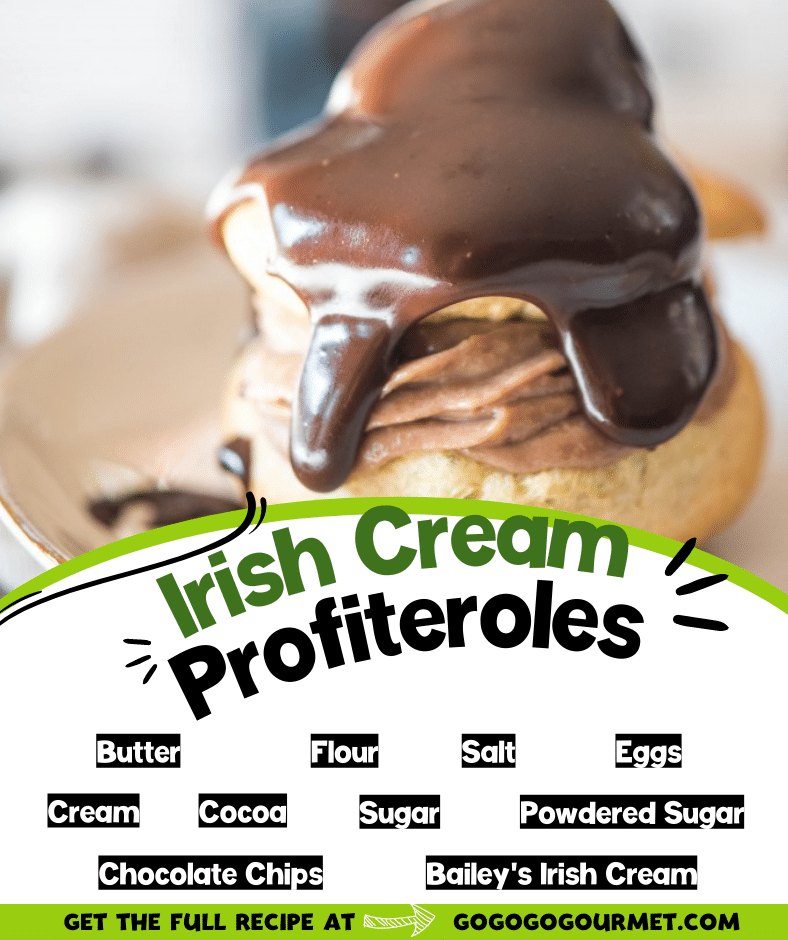 This easy Irish Cream Profiteroles recipe puts a fun Irish twist on your favorite classic cream puffs! Complete with a boozy Bailey's filling and topped with a delicious chocolate ganache, they are perfect for your St. Patrick's Day parties! #stpatricksdayrecipes #stpatricksday #creampuffrecipes #easyprofiteroles #gogogogourmet via @gogogogourmet