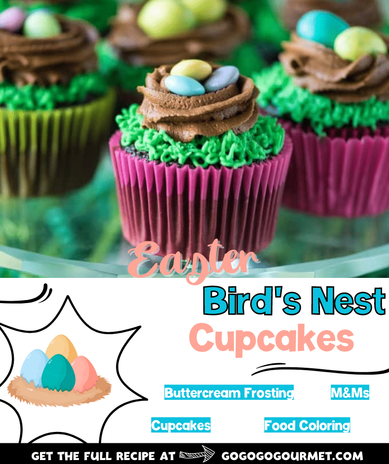 If you're looking for dessert ideas for Easter, this easy Bird's Nest Cupcakes recipe is it! The decoration is simple enough for kids to help with, yet elegant enough to put on a stand! #eastercupcakes #easterdessertideas #birdsnestcupcakes #easterbrunchideas #gogogogourmet via @gogogogourmet