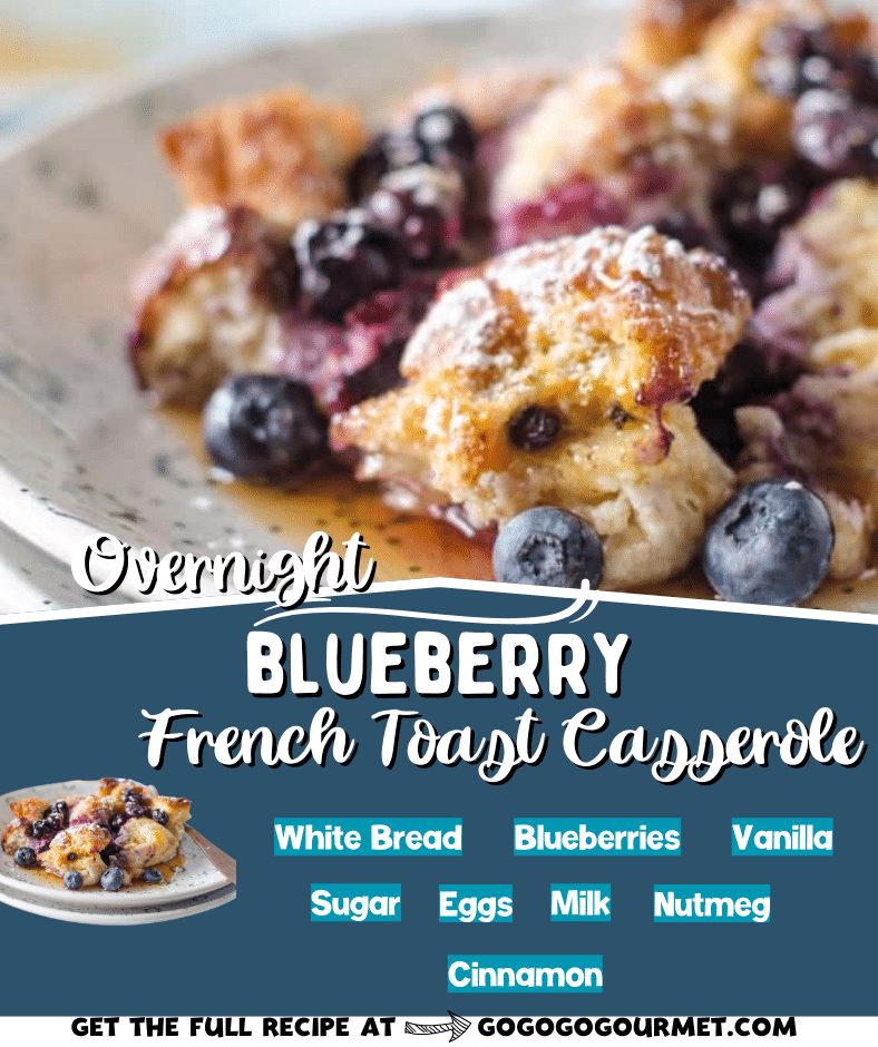 This easy Overnight French Toast Casserole is the perfect recipe for Easter brunch! Packed full of delicious blueberries, you can prepare this dish the night before, and then bake it in the morning! It would even taste great topped with a spread of cream cheese. #overnightblueberryfrenchtoast #easybrunchrecipes #weekendbreakfastrecipes #gogogogourmet via @gogogogourmet