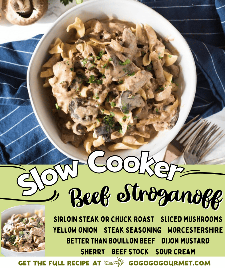 This slow cooker beef stroganoff recipe is the best! So easy to make, full of flavor and absolutely fork tender. No cream soups called for, but there's an adaptation if you want to use them! #gogogogourmet #beef #slowcooker #beefstroganoff #crockpot via @gogogogourmet