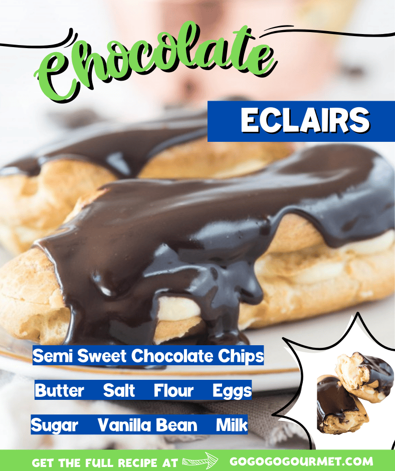 Chocolate eclairs are a favorite bakery treat, and you'll never believe how easy they are to make at home! Simple pate au choux dough is filled with a vanilla custard and topped with a silky chocolate ganache. #gogogogourmet #chocolateeclairs #homemadeeclairs via @gogogogourmet