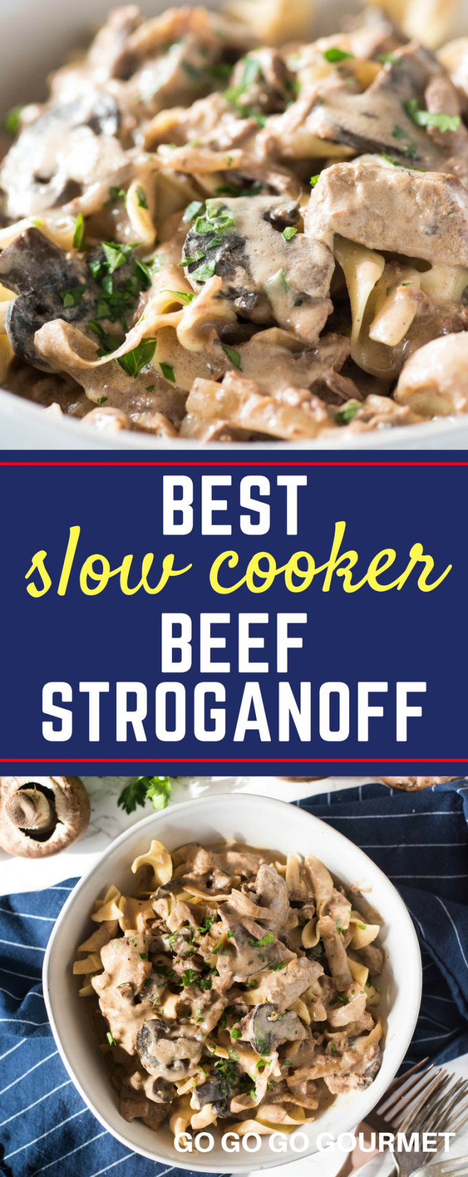 This slow cooker beef stroganoff recipe is the best! So easy to make, full of flavor and absolutely fork tender. No cream soups called for, but there's an adaptation if you want to use them! #gogogogourmet #beef #slowcooker #beefstroganoff #crockpot via @gogogogourmet