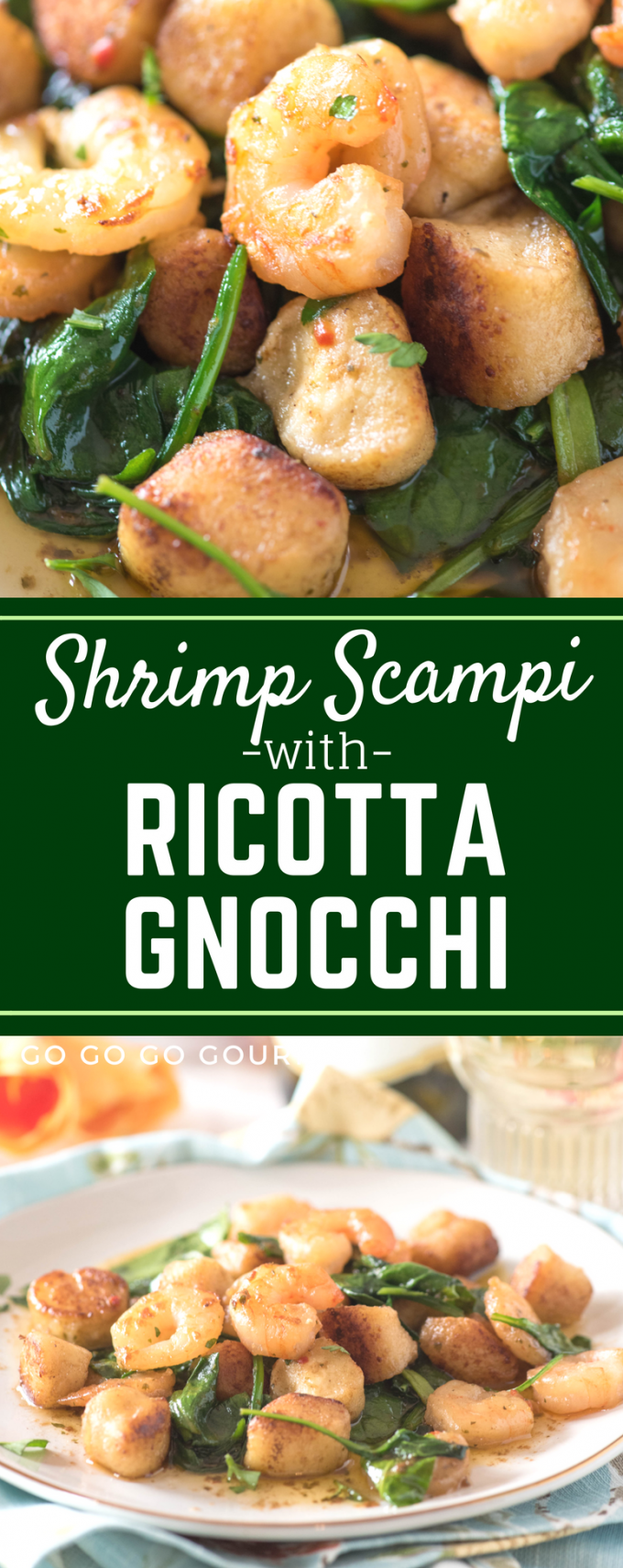 This Shrimp Scampi with easy homemade ricotta gnocchi is out of this world! Super buttery and garlicky, this semi-homemade dish is the perfect weeknight trip to Italy! #shrimp #Pasta #italianrecipes #italianfood via @gogogogourmet