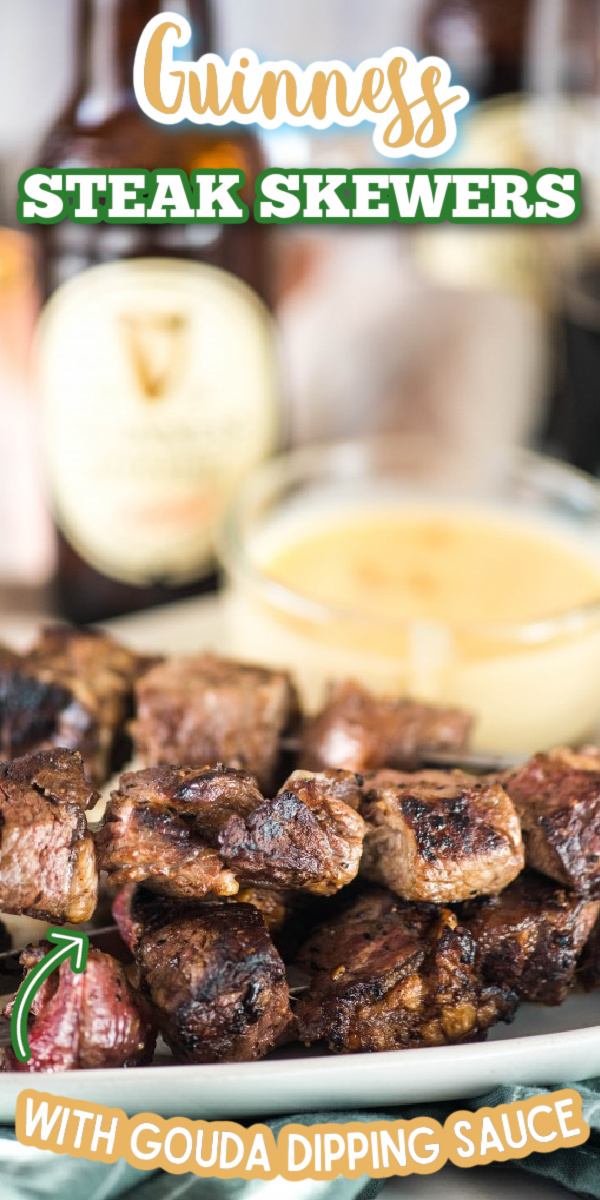 These Guinness Steak Skewers with Smoked Gouda Dipping Sauce are a fun and easy dinner that everyone is sure to love. Perfect for a traditional St. Patrick's day party - or any day! #stpatricksday #stpatricksdayfood #guinnesssteakskewers #guinnessrecipes #gogogogourmet via @gogogogourmet