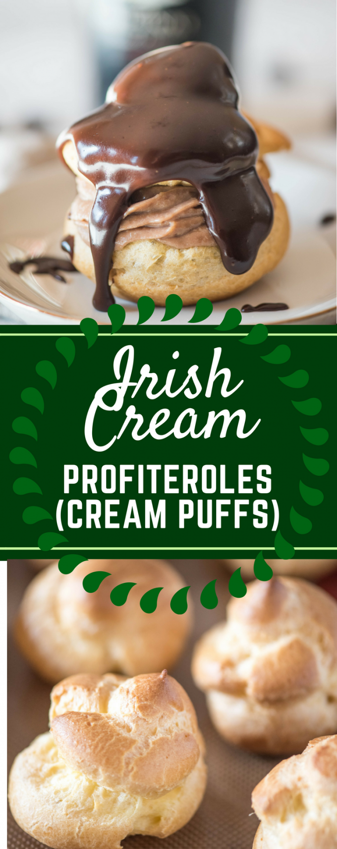 This easy Irish Cream Profiteroles recipe puts a fun Irish twist on your favorite classic cream puffs! Complete with a boozy Bailey's filling and topped with a delicious chocolate ganache, they are perfect for your St. Patrick's Day parties! #stpatricksdayrecipes #stpatricksday #creampuffrecipes #easyprofiteroles #gogogogourmet via @gogogogourmet