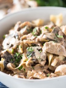 Easy Slow Cooker Beef Stroganoff in a white bowl