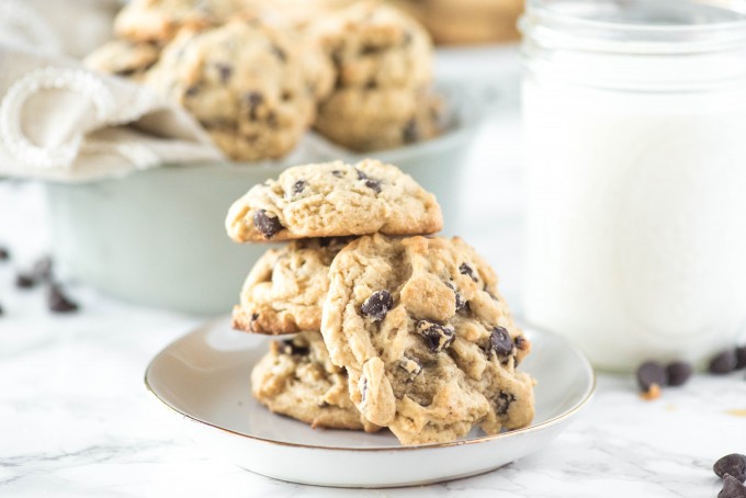 Soft Chocolate Chip Cookie Recipe on plate with glass of milk