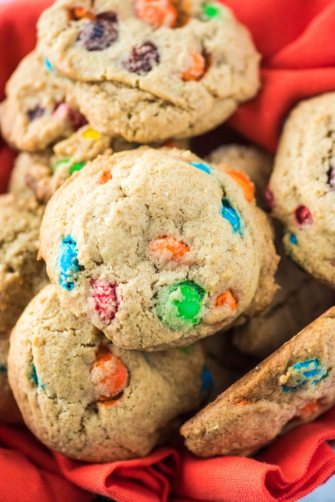 Close up of soft M&M cookies