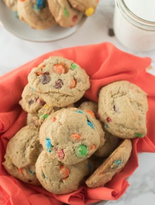 Best M&M cookies on red napkin