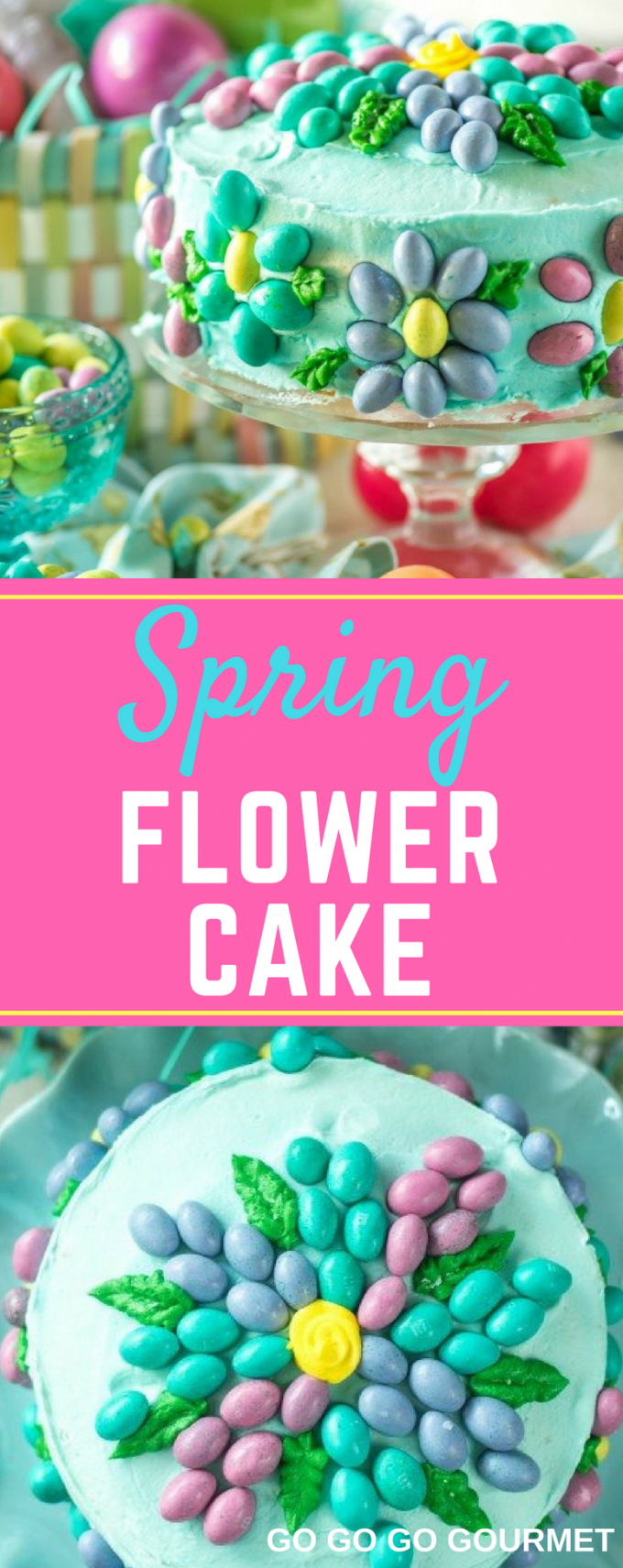 This simple Spring Flower Cake would make the perfect cake for any spring birthday or celebration! This beautiful cake is made easy by using buttercream instead of fondant, and the decorating ideas are endless! #easycaketutorials #springflowercake #easycakedesigns #springdesserts #gogogogourmet