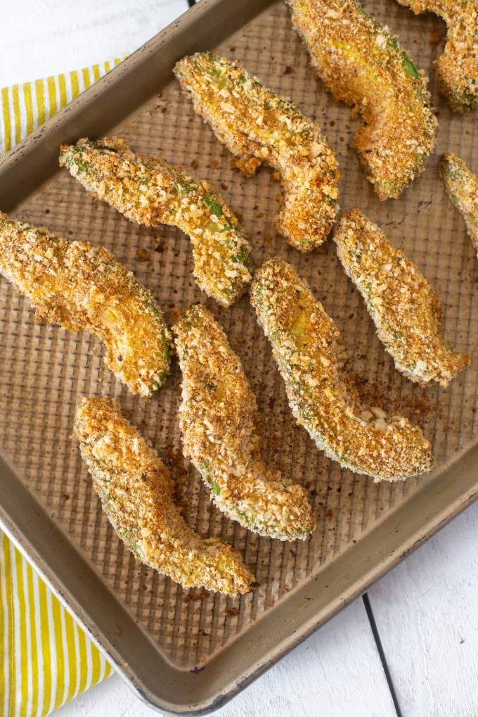 Avocado fries recipe on a baking sheet