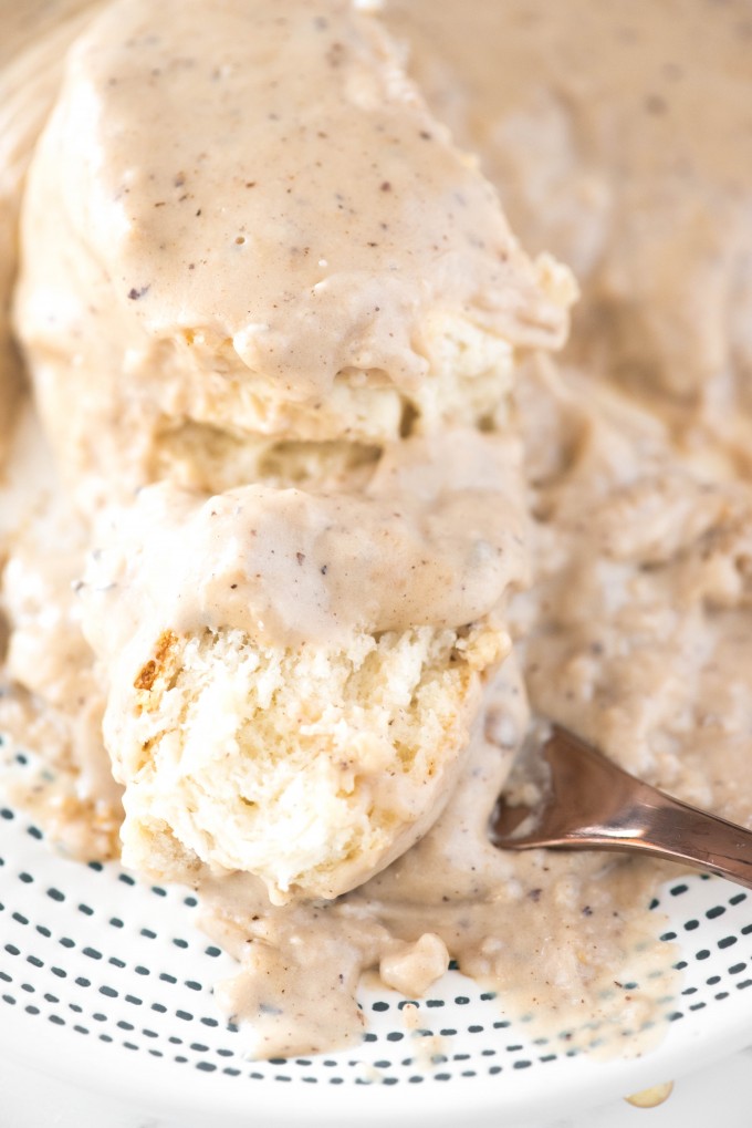 a forkful of easy to make biscuits and gravy