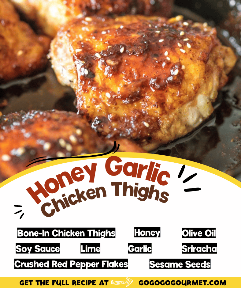 Honey Garlic Chicken Thighs- These sticky, crispy chicken thighs are an easy dinner option that your family will love. Sweet and salty with a kick of sriracha! via @gogogogourmet
