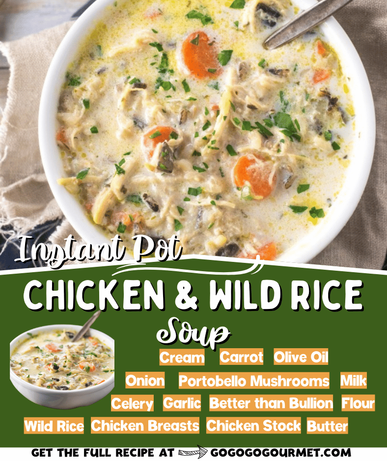 This easy Creamy Chicken & Wild Rice Soup can be made in the Instant Pot, crockpot or on the stovetop! It's the perfect Panera copycat recipe, and it's ready in under 30 minutes! #chickenandwildricesoup #copycatpanerarecipes #comfortfoodrecipes #gogogogourmet via @gogogogourmet