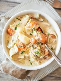 Easy Crockpot Chicken and Noodles- delicious in a bowl or over mashed potatoes!