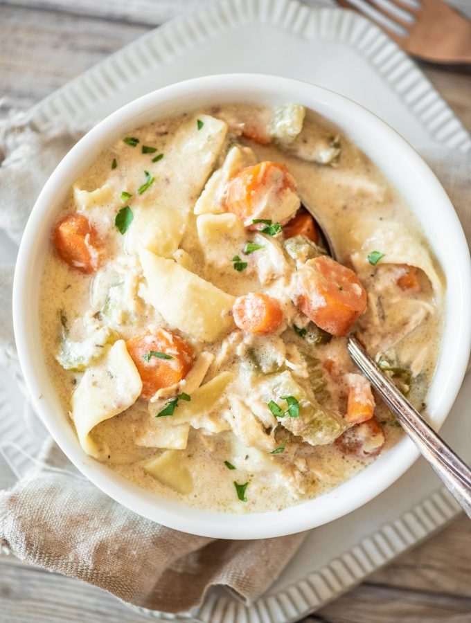 Easy Crockpot Chicken and Noodles- delicious in a bowl or over mashed potatoes!