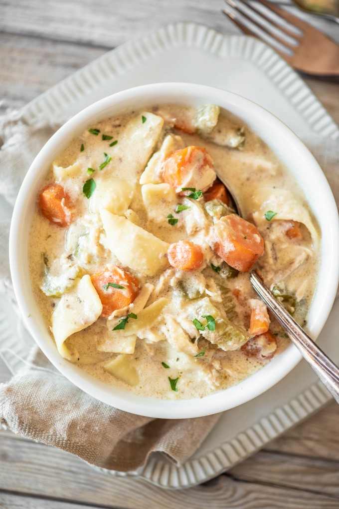 Easy Crockpot Chicken and Noodles- delicious in a bowl or over mashed potatoes!