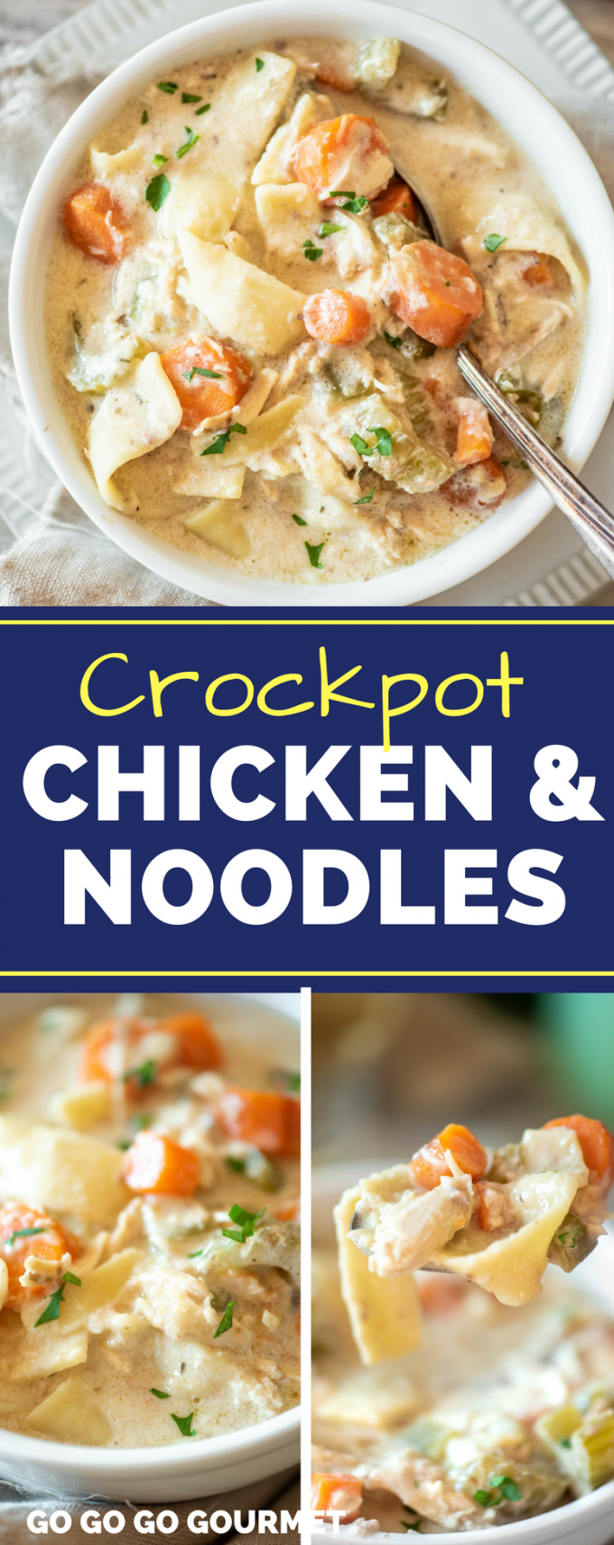 Easy Crockpot Chicken and Noodles- nothing beats home made! This recipe is comfort food at its finest, it's so creamy. Serve it on its own or over mashed potatoes! #gogogogourmet #crockpotchickenandnoodles #chickenandnoodles #comfortfood via @gogogogourmet