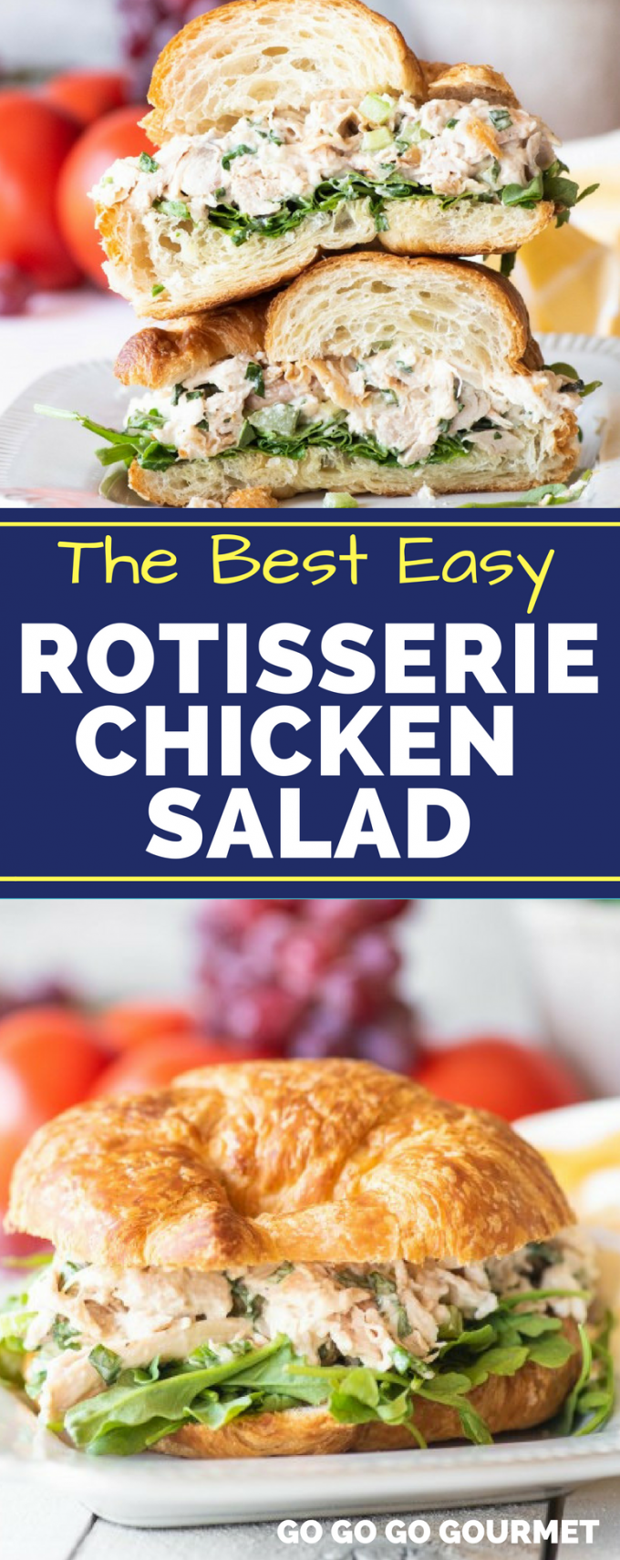 This is the best easy Rotisserie Chicken Salad recipe out there! Made creamy with Greek yogurt, yet crunchy with grapes and celery, this classic and simple sandwich is a great healthy lunch option! #rotisseriechickensalad #classicchickensalad #easychickensalad #gogogogourmet via @gogogogourmet