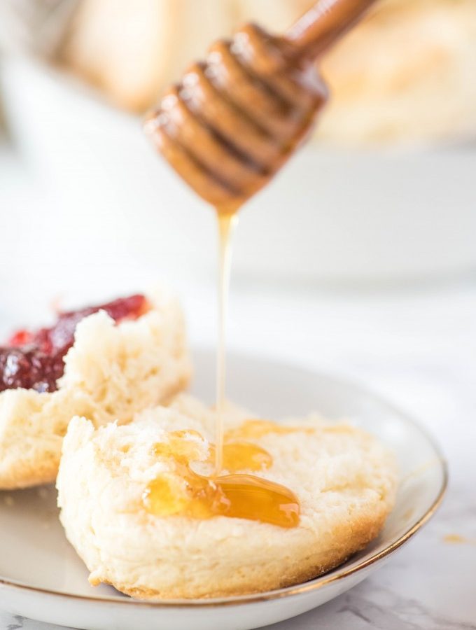 Homemade Buttermilk Biscuits with jam and honey