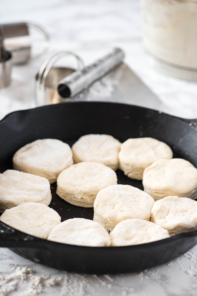 Cut buttermilk biscuits in cast iron pan