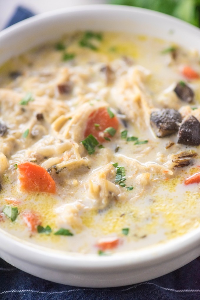 Close up shot of chicken wild rice soup in white bowl with carrots and mushrooms