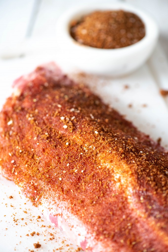 Dry rub seasoned ribs ready to cook in pressure cooker