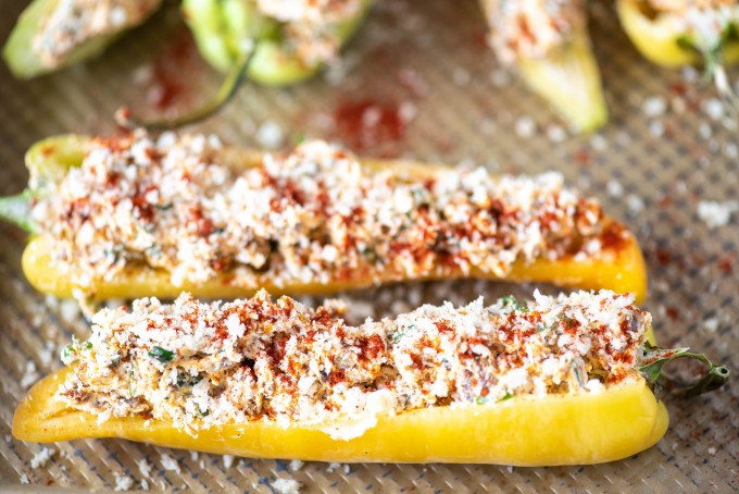 Stuffed banana peppers with hot sausage and goat cheese