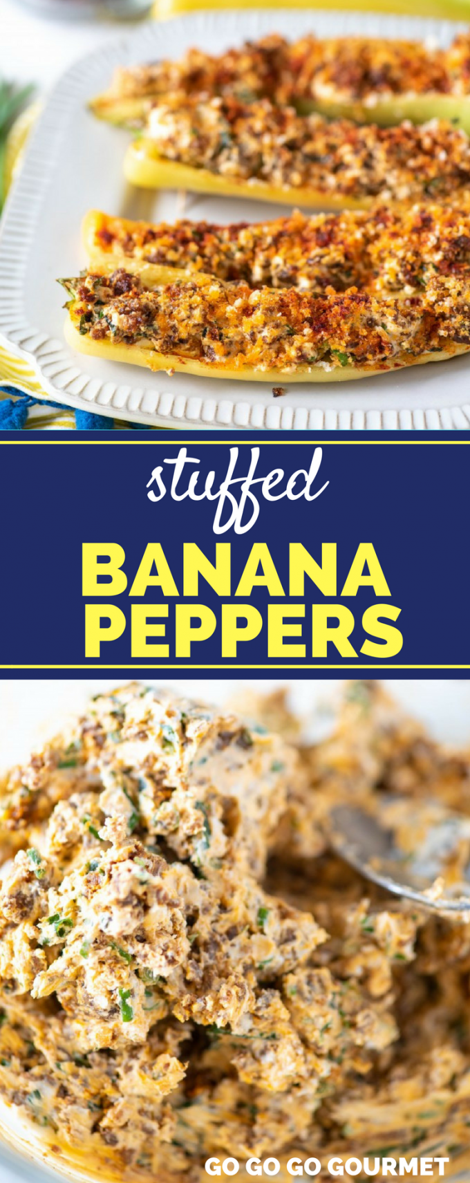 This easy, cheesy Stuffed Banana Peppers recipe is packed full of Italian sausage, Goat Cheese, Basil & Chives! They're perfect for any get together, and ready to go in under 20 minutes! #stuffedbananapeppers #easyappetizerrecipes #gogogogourmet via @gogogogourmet