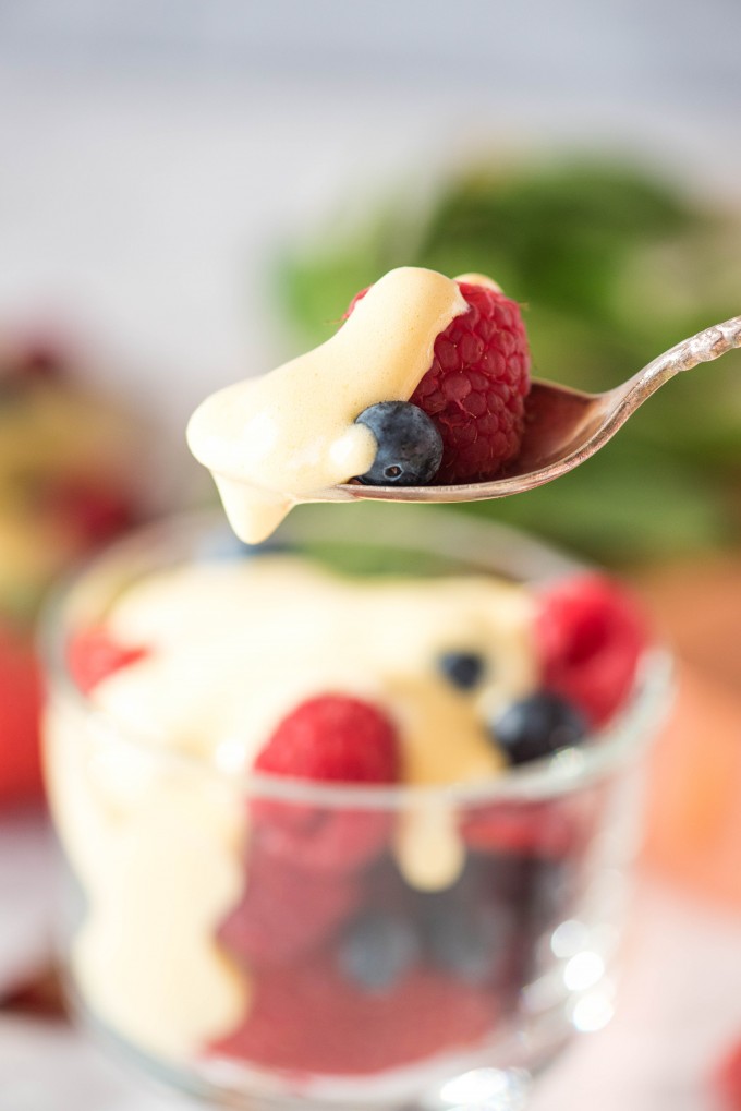 Bite of easy zabaglione on a spoon