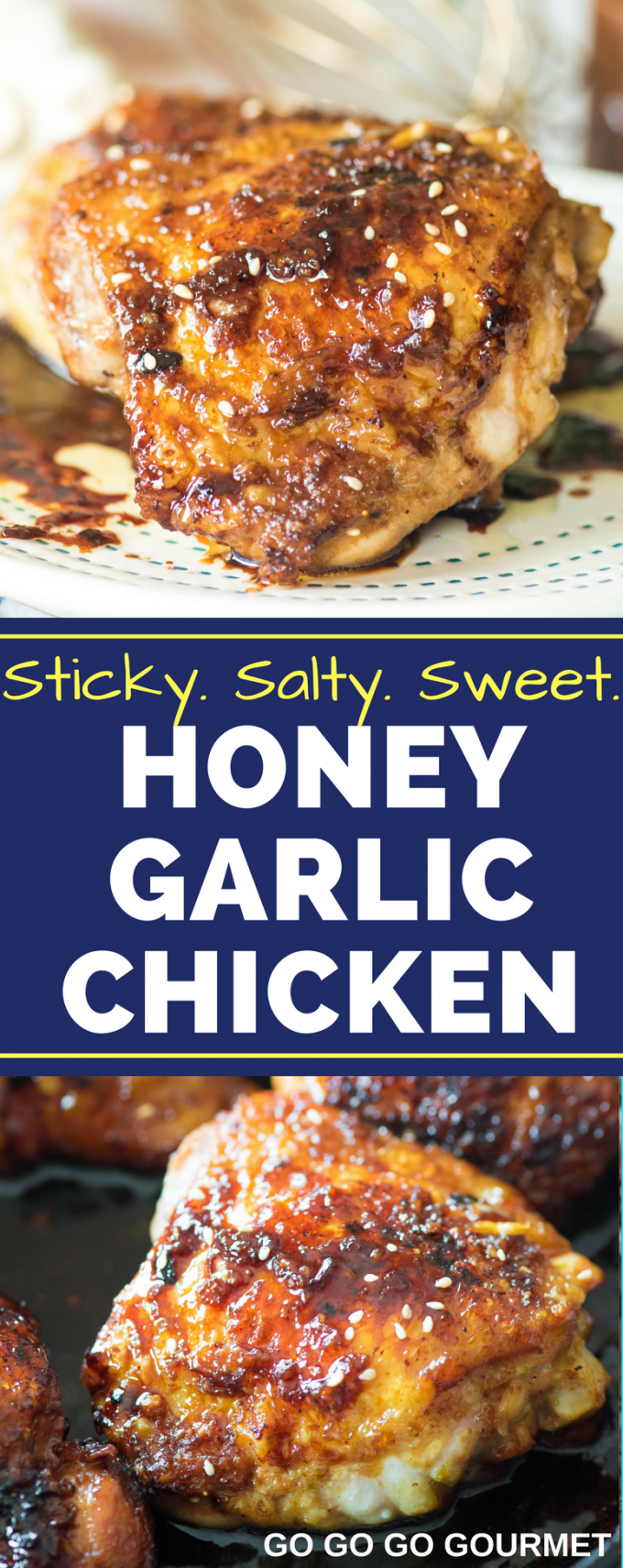 Honey Garlic Chicken Thighs- These sticky, crispy chicken thighs are an easy dinner option that your family will love. Sweet and salty with a kick of sriracha! via @gogogogourmet