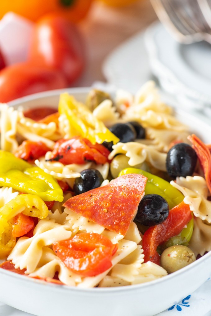 Italian Antipasto salad in a white bowl