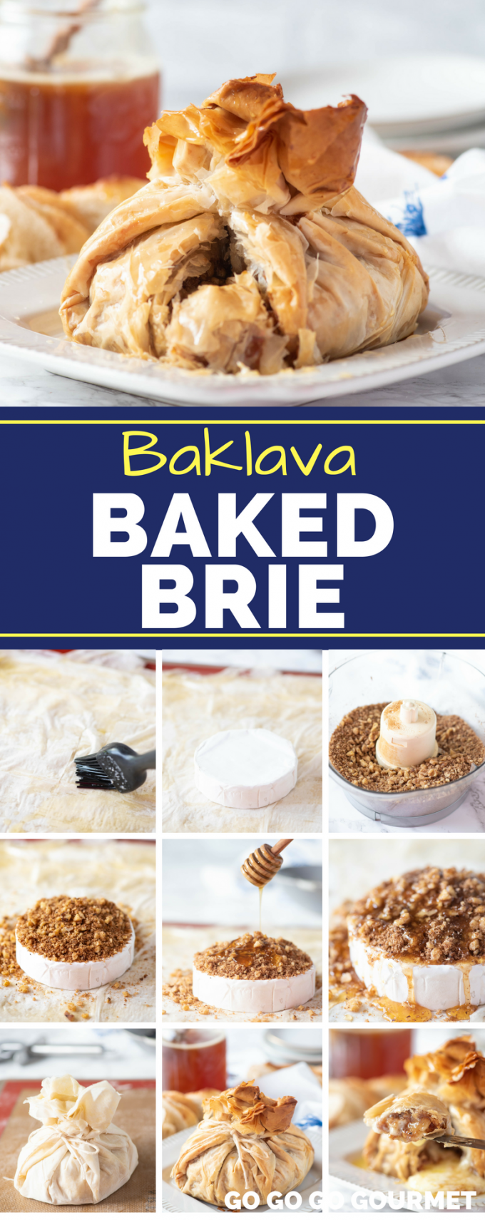 This easy Baklava Baked Brie will become one of your new favorite appetizer recipes! Made perfectly sweet form the honey, this recipe uses phyllo dough rather than puff pastry, to provide a nice crunch. #baklavabakedbrie #easybakedbrierecipes #easyappetizerrecipes #gogogogourmet via @gogogogourmet