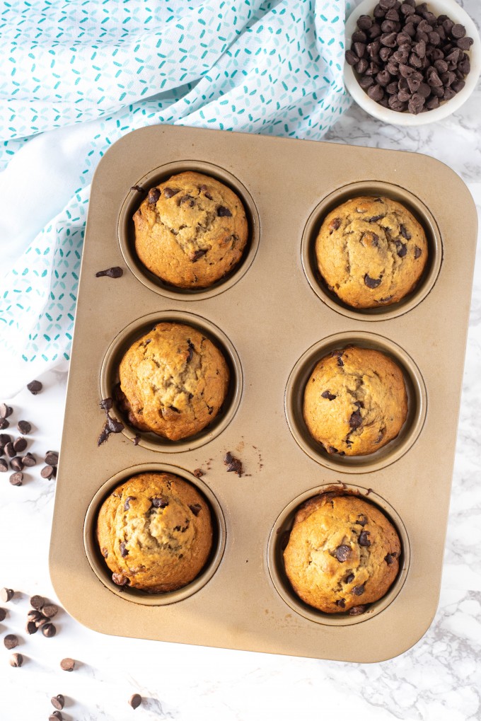 Simple banana chocolate chip muffins in a pan