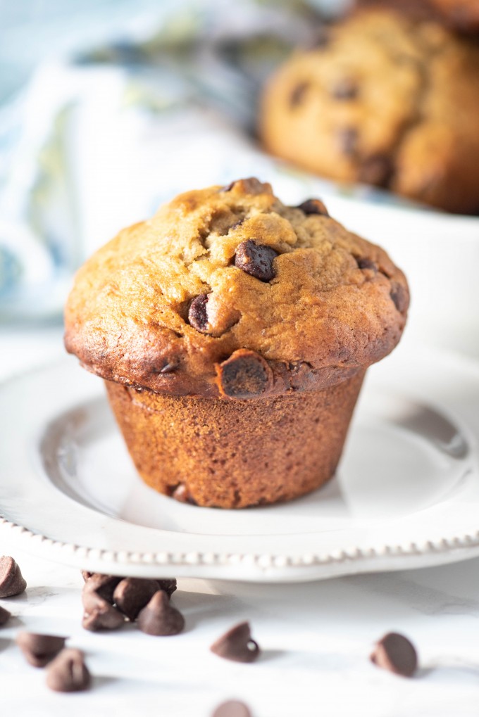 A close up of a banana chocolate chip muffin on a white plate