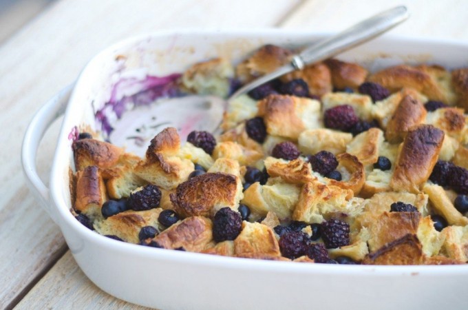red white and blue bread pudding in a pan 