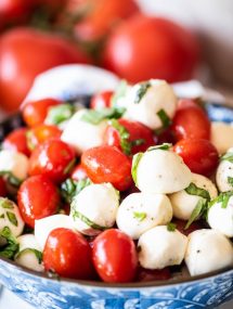 Caprese Salad in a blue bowl