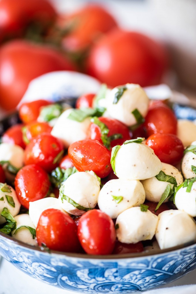 Caprese Salad in a blue bowl