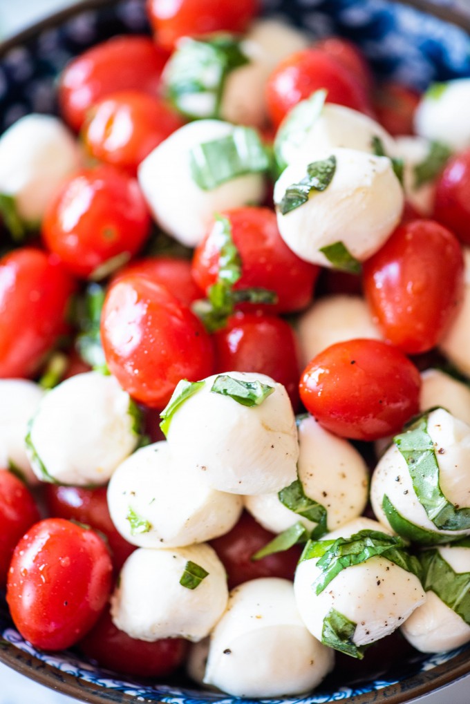 Close up of bocconcino caprese salad