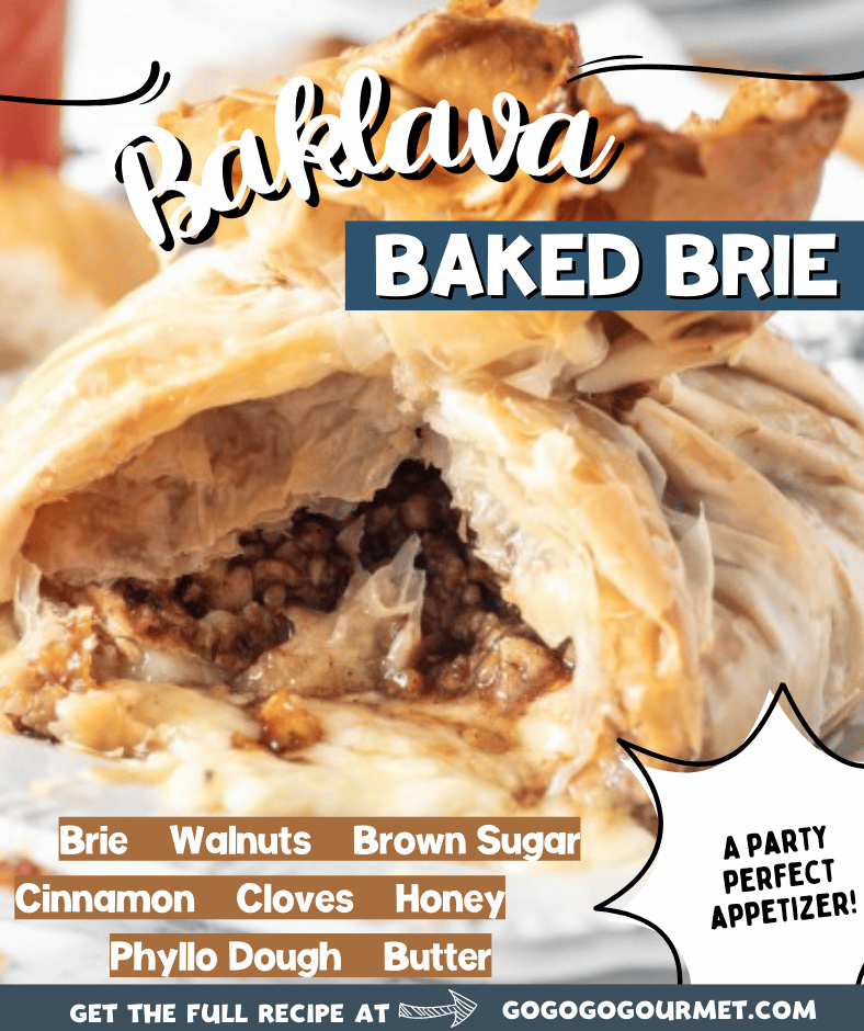 This easy Baklava Baked Brie will become one of your new favorite appetizer recipes! Made perfectly sweet form the honey, this recipe uses phyllo dough rather than puff pastry, to provide a nice crunch. #baklavabakedbrie #easybakedbrierecipes #easyappetizerrecipes #gogogogourmet via @gogogogourmet