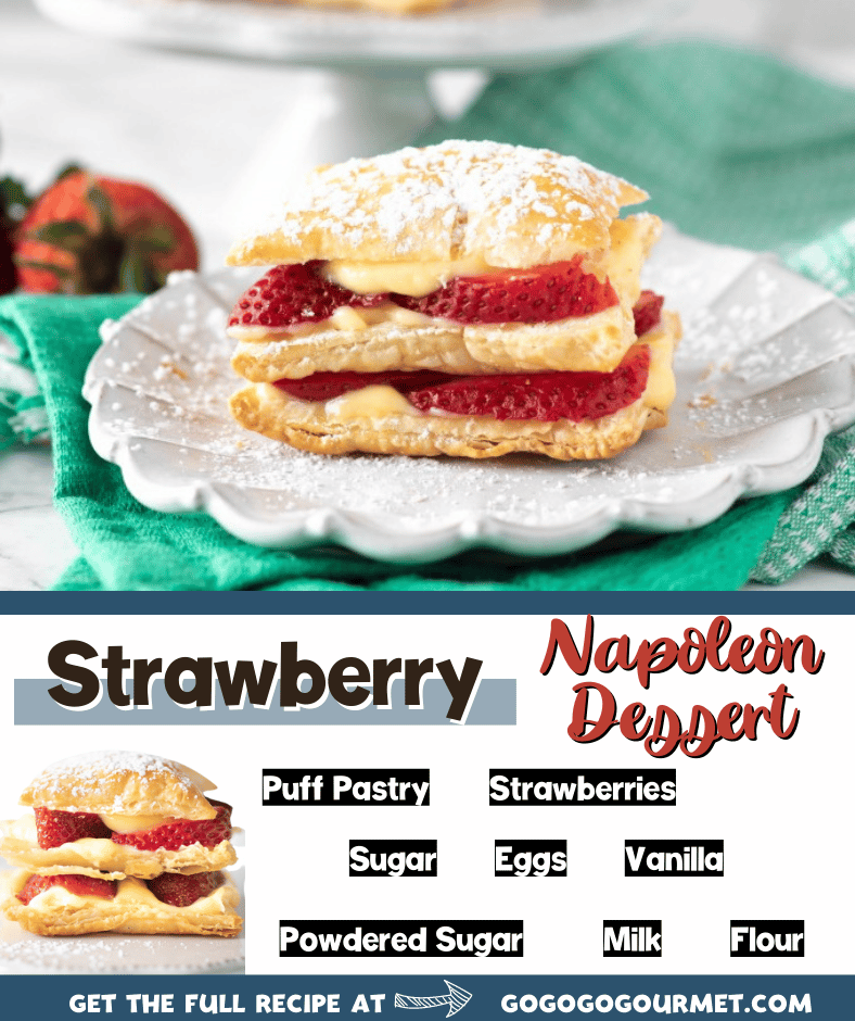 This easy Strawberry Napoleon dessert recipe (also known as mille feuille) is a classic French dessert with layers of puff pastry, fruit and custard. They are perfectly sweet and delightful! #napoleondessert #strawberrynapoleon #frenchdesserts #gogogogourmet via @gogogogourmet