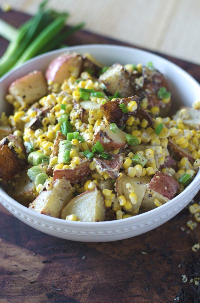 Potato salad in a white bowl