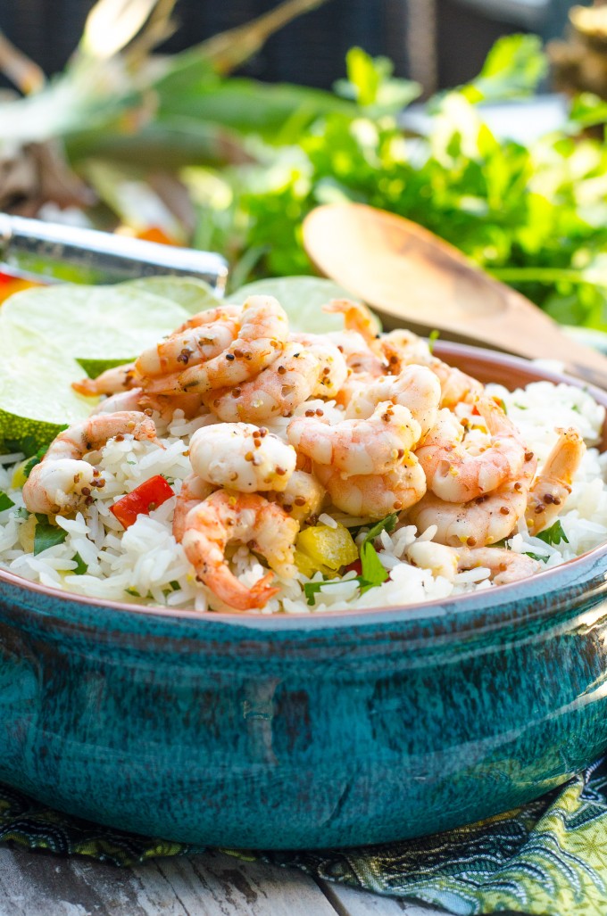 Honey Mustard Lime Shrimp in a blue bowl