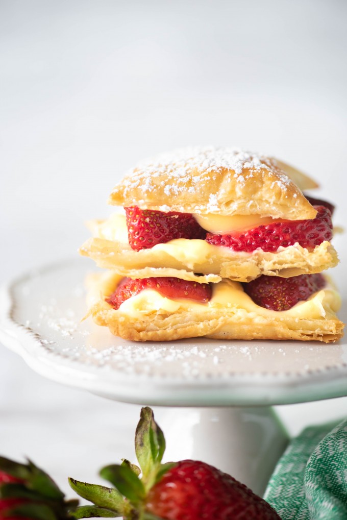 Strawberry Napoleon dessert on cake stand