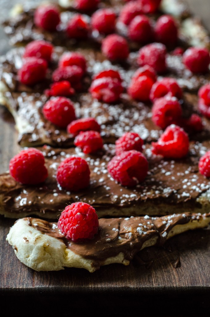 Close up of Nutella raspberry pizza